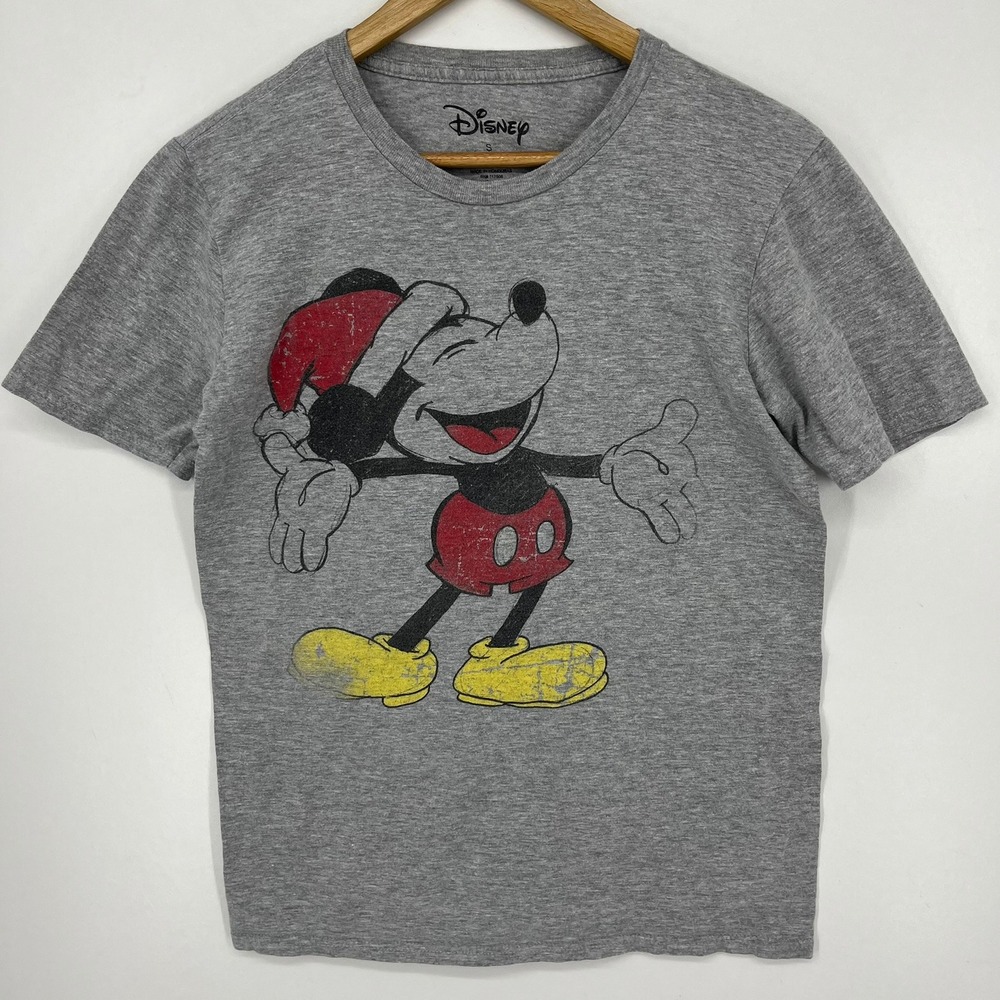 Disney Mickey Mouse Christmas‎ Santa Hat Graphic T-Shirt Mens Small Heather Gray
